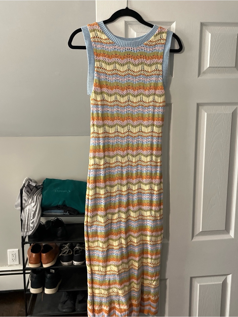 Sleeveless Pastel Stripe Knit Maxi Dress in Blue Trim